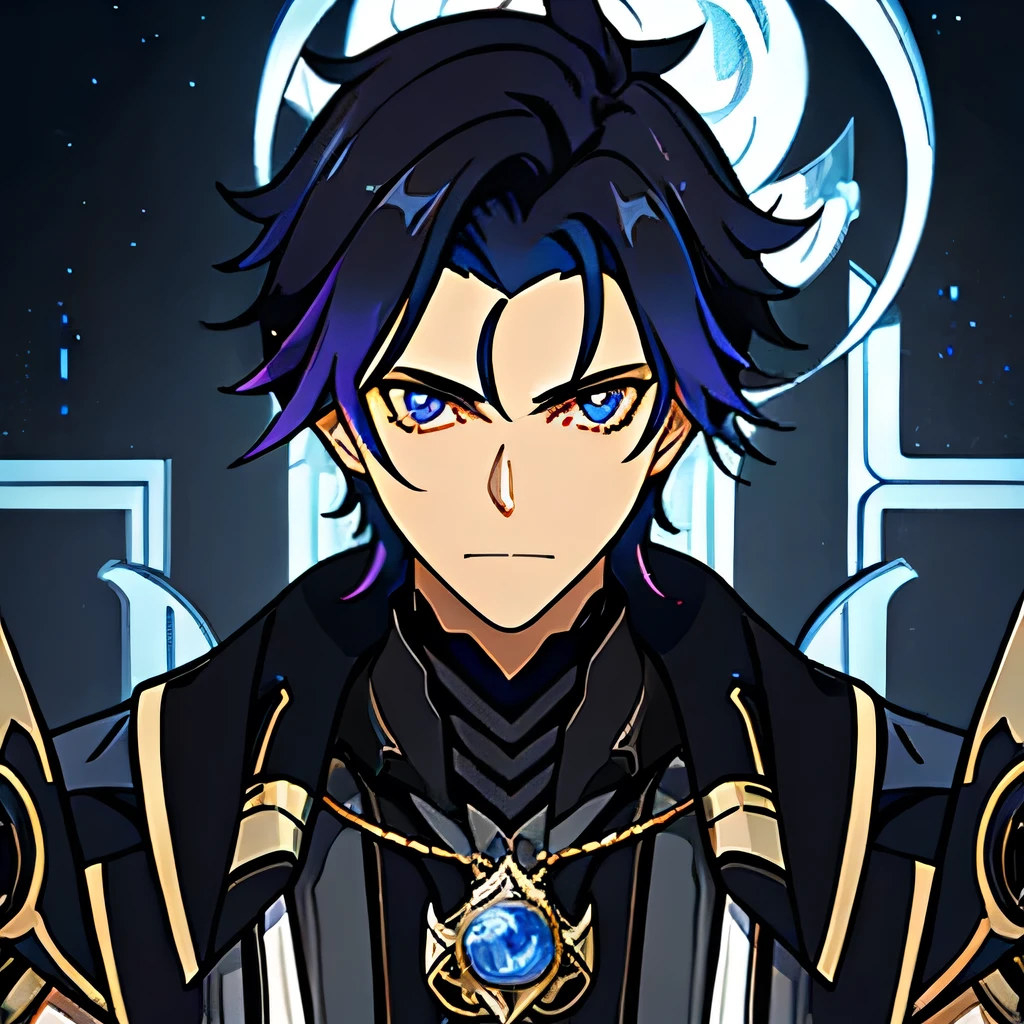 a male anime,single character, style Hyacinthe Rigaud, black suite, short black hair with white highlights, barba, visual novel sprite, detailed black armor, high qualiy, cinematic, dramatic pose, details Intricate, swirly vibrant colors, work of art, impacto genshin.