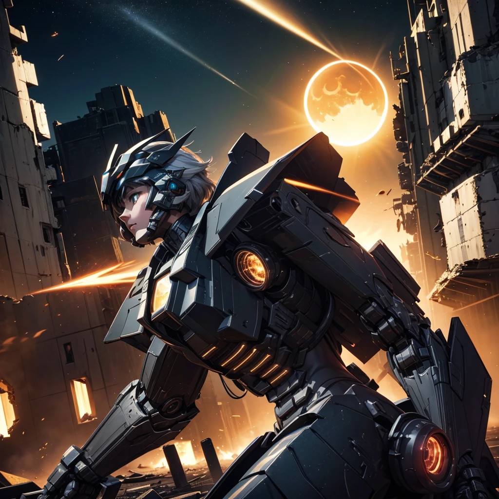 female mecha wings of angel, in black armor, in a destroyed city, the night, with an eclipse in the background