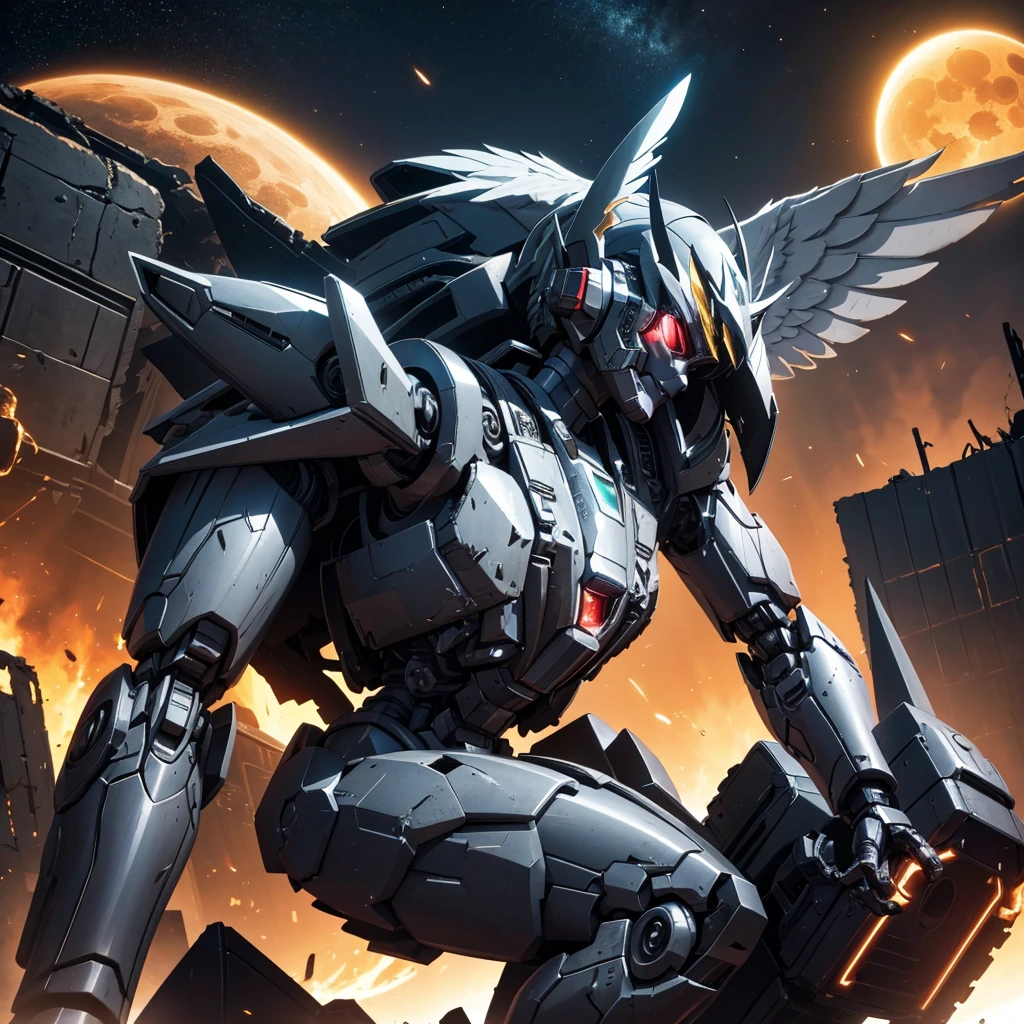 female mecha wings of angel, in black armor, in a destroyed city, the night, with an eclipse in the background