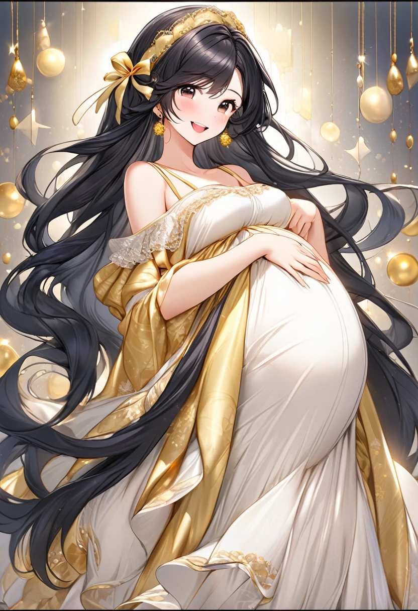 (((Beautiful, masutepiece, Best Quality, ultra-detailliert,))) 1 adult woman,Pregnant, ((Princess Dress,long frill,big frill,Long hair,))twin drills,Black hair,Hair Ribbon,Smile,smile shy, Open mouth,