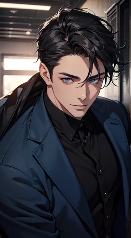 a mature man with short grey Black hair, blue eyes, 31 years, and a perfect face, smiling in love, CEO, cinematic lighting, 1:4 HDR image, top view, ultra detailed, best quality, masterpiece, 8K, photorealistic, beautiful image