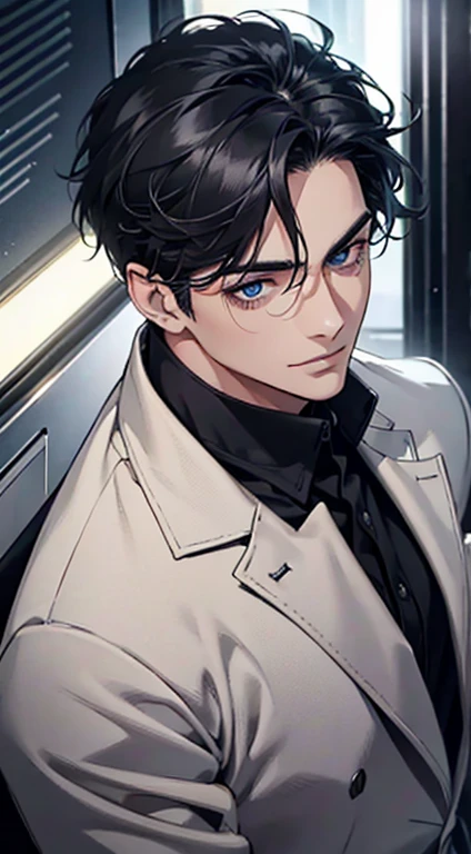 a mature man with short grey Black hair, blue eyes, 31 years, and a perfect face, smiling in love, CEO, cinematic lighting, 1:4 HDR image, top view, ultra detailed, best quality, masterpiece, 8K, photorealistic, beautiful image