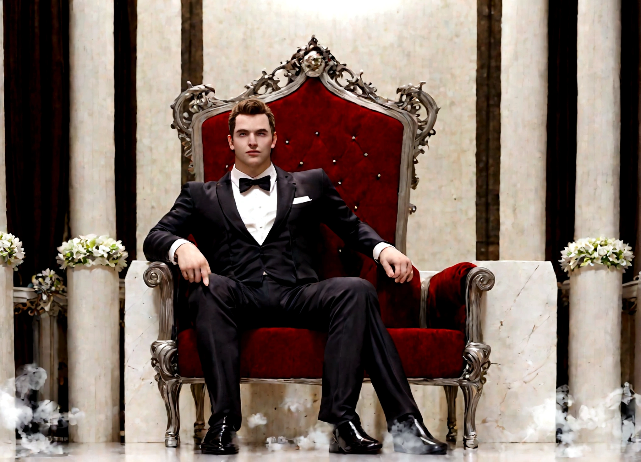 A steam punk throne of leadership, attended to by several (clockwork, steam powered, fake men). A young man in a tuxedo sits on the throne and dines on fancy sandwiches