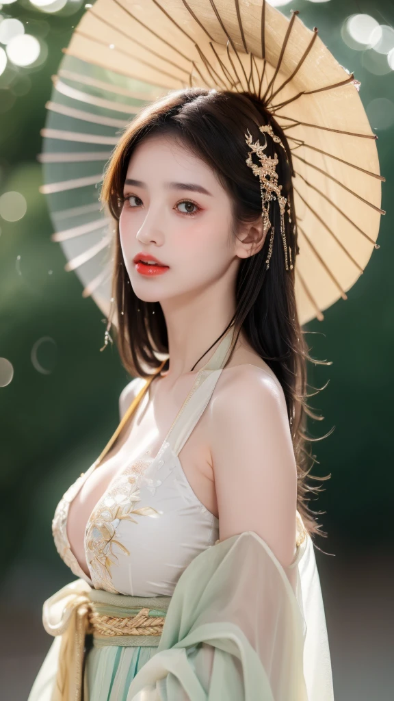 ((Best Quality, 8k, Masterpiece: 1.3)), Focus: 1.2, Perfect Body Beauty: 1.4, Buttocks: 1.2, ((Layered Haircut)), (Wet Clothes: 1.1), (Rain, Street:1.3), (Breasts: 1.2), (Hanfu: 1.2), Bare Shoulders, Bare Legs, Highly Detailed Face and Skin Texture, Fine Eyes, Double Eyelids, Whitened Skin, Long Hair, (Shut Up: 1.5), (Bokeh Background: 1.5), Big Breasts