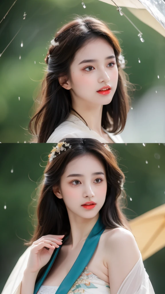 ((Best Quality, 8k, Masterpiece: 1.3)), Focus: 1.2, Perfect Body Beauty: 1.4, Buttocks: 1.2, ((Layered Haircut)), (Wet Clothes: 1.1), (Rain, Street:1.3), (Breasts: 1.2), (Hanfu: 1.2), Bare Shoulders, Bare Legs, Highly Detailed Face and Skin Texture, Fine Eyes, Double Eyelids, Whitened Skin, Long Hair, (Shut Up: 1.5), (Bokeh Background: 1.5), Big Breasts