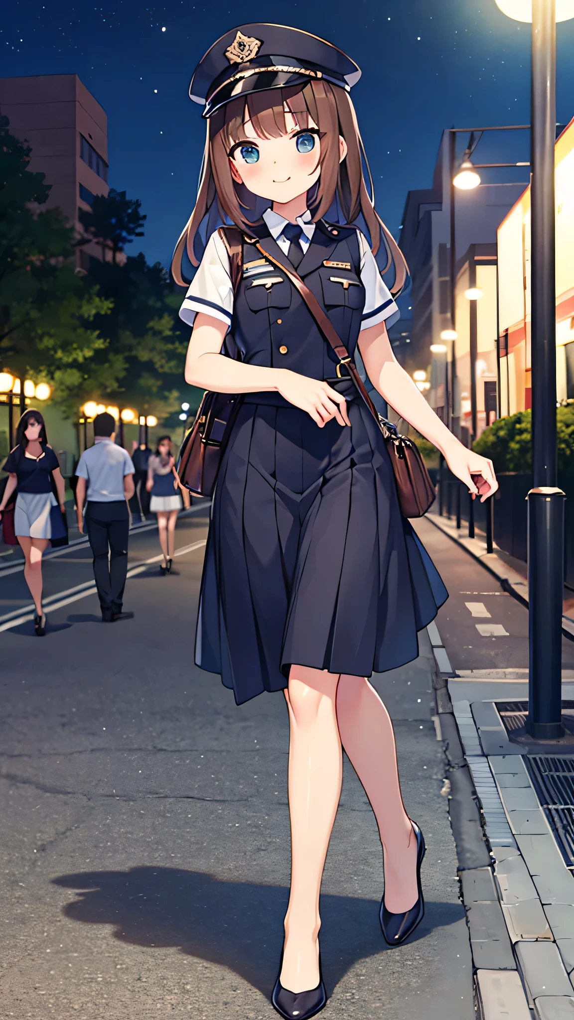 {Highest quality], [Super beautiful], [Ultra fine], [Best illustration], NSFW,Brown Hair, Hime cut, Long Hair, With bangs, girl, Uniform cap,Security uniform, smile, blush, Slender women,Short sleeve,Long straight skirt, Adult women,walk,(Public）Night Park, diagonal,Bare feet and pumps, Plain black pumps