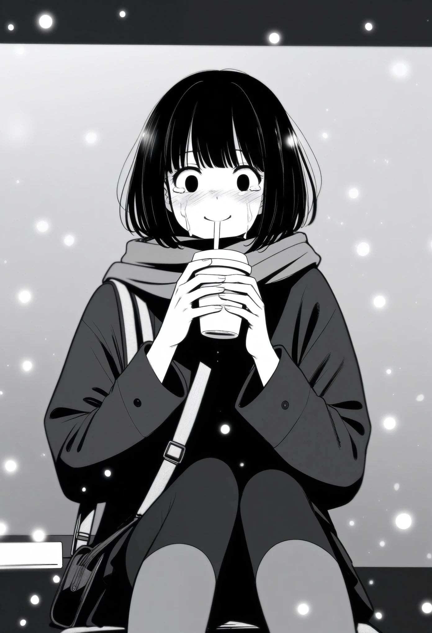 masterpiece, best quality, 1girl, mamerakkkkko, grayscale, manga style, japanese, chi no wadachi, black eyes, street, iced, black hair, schoolbag, smile, lineart, black coat, black scarf, black pleated skirt, leggins, centered, 18 years old, tall, fair skinned, bokeh background, crying, tears, tears streaming, bob cut, light particles, centered, snowing, (((drinking coffee, perfect hand, detailed hand:1.1)), emotional anime scene