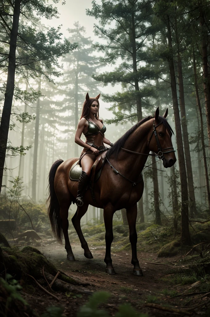 Fantasy Female centaur, standing in a wooded clearing, cinematic, trending on artstation, Greg Rutkowski, matte painting