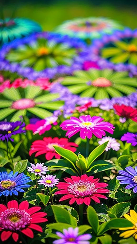 Imagine a vivid close-up, Unusual flowers, The petals spread out in vibrant colors like a kaleidoscope. Dewdrops on the surface reflect the surrounding environment, Make something small, The world reflected in each drop of water. The flowers stand out against a lush, blurry background, Tropical Garden. The scene is brought to life in a vibrant and dynamic digital art style., Inspired by the artistic vision of Luca Martel.