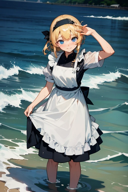 ((high resolution)), Maid clothes, White apron, Headband, 白と黒のMaid clothes, (Fashionable clothes)
Ocean, Waveうち, Wave, water, water遊び, ((Even my clothes are wet 1.1))
服もwaterに浸かっている
かわいい, smile, Blonde, Blue Eyes, Soaking wet, (water滴, soaked)