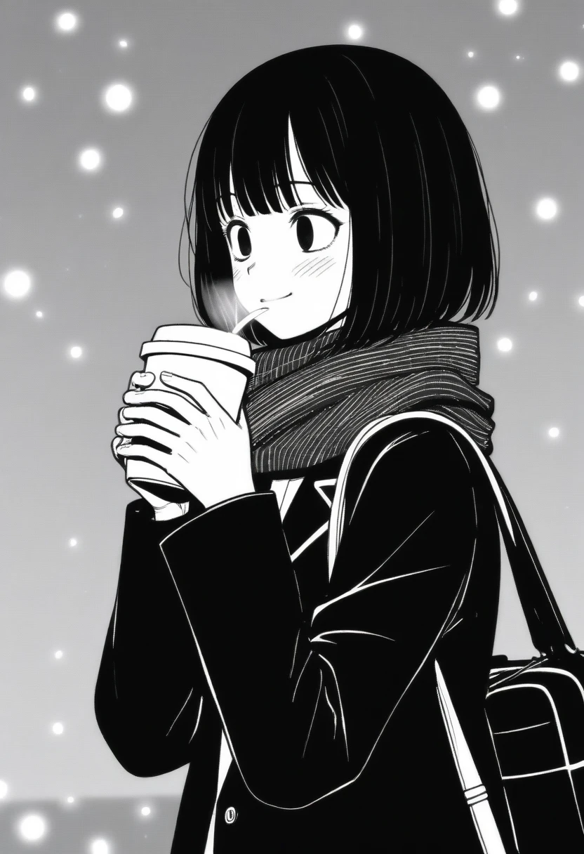 masterpiece, best quality, 1girl, mamerakkkkko, grayscale, manga style, japanese, chi no wadachi, black eyes, street, iced, black hair, schoolbag, smile, lineart, black coat, black scarf, black pleated skirt, leggins, centered, 18 years old, tall, fair skinned, bokeh background,, bob cut, light particles, centered, snowing, (((drinking coffee, perfect hand, detailed hand:1.1)), emotional anime scene
