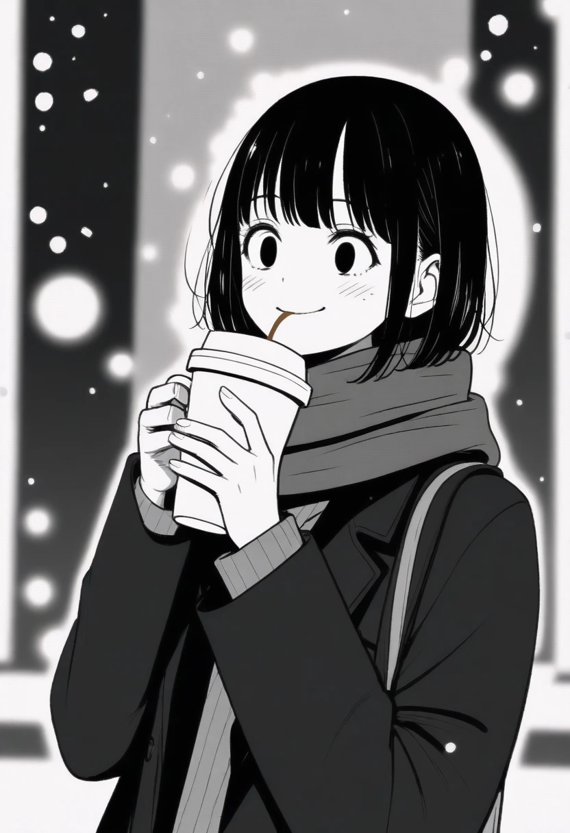 masterpiece, best quality, 1girl, mamerakkkkko, grayscale, manga style, japanese, chi no wadachi, black eyes, street, iced, black hair, schoolbag, smile, lineart, black coat, black scarf, black pleated skirt, leggins, centered, 18 years old, tall, fair skinned, bokeh background,, bob cut, light particles, centered, snowing, (((drinking coffee, perfect hand, detailed hand:1.1)), emotional anime scene
