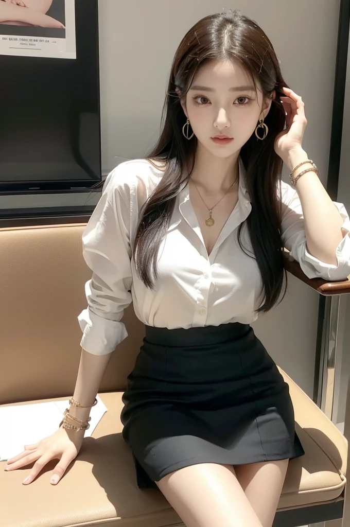 (((actual photography))),, portrait, Korean,(arrogant的臉:1.3),, 1 Girl,beautiful girl, arrogant,Sit in a large class chair,Domineering sitting posture,Write carefully on the table , (Necklace,earrings,Bracelet:1.1), Buttoned shirt and hip skirt,miniskirt , (cleavage:0.3),, In the CEO's Office, (environmental details:1.3),, (original photo, CG Unity, photography, ultra actual details, sharp focus, Delicate skin,4K, High resolution, masterpiece, best quality, actual, energetic:1.2),, (8K,4K, Ultra high quality, High resolution, professional, Movie般的, Movie, Dramatic),Reasonable posture, Detailed office background