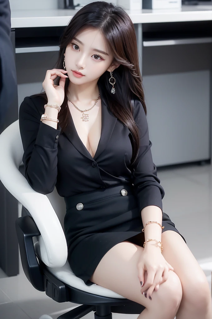 (((actual photography))),, portrait, Korean，(arrogant的臉:1.3),, 1 Girl，beautiful girl, arrogant,Sit in a large class chair，Domineering sitting posture，Write carefully on the table , (Necklace，earrings，Bracelet:1.1), Buttoned shirt and hip skirt,miniskirt , (cleavage:0.3),, In the CEO&#39;s Office, (environmental details:1.3),, (original photo, CG Unity, photography, ultra actual details, sharp focus, Delicate skin,4K, High resolution, masterpiece, best quality, actual, energetic:1.2),, (8K,4K, Ultra high quality, High resolution, professional, Movie般的, Movie, Dramatic),Reasonable posture, Detailed office background