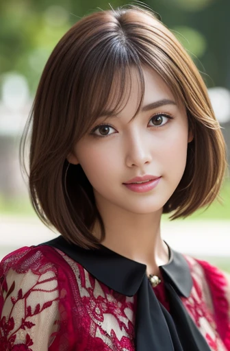 (Raw photo), (Photo realistic), (masterpiece), (Highest quality), High resolution, 8K resolution, (Exquisite detail), (Volumetric Light), Portraiture, woman, 30 years, short hair, Straight Hair, Layered Hair, Brown haired, Highly detailed eyes, Source Order, Very fine eyebrows, Highly detailed skin, Highly detailed mouth, Highly detailed nose, Cute like an idol, Smile, ((Thick lips)), ((Look at the viewers)), (Elegant and transparent red colorful blouse), Random Body Orientation,