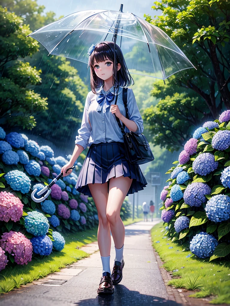 Highest quality,Highest Resolution,rainy season,A road lined with hydrangeas,High school girl walking with an umbrella,