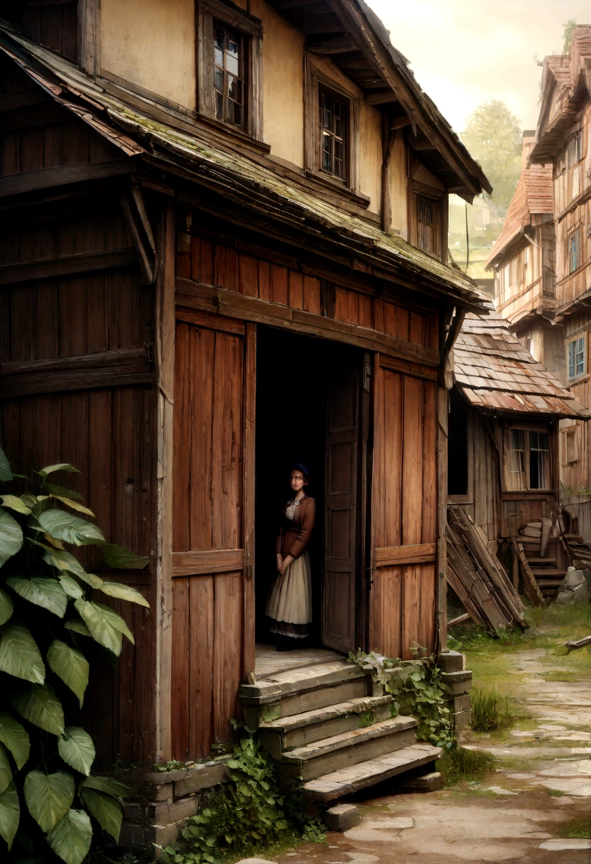 a small town in 1800, vintage village, obsolete village, decrepit village, dilapidated rural town, beautiful detailed village in 1800s, quaint old town, (best quality,4k,8k,highres,masterpiece:1.2),ultra-detailed,(realistic,photorealistic,photo-realistic:1.37),stunning landscape, intricate architecture, wooden houses, crumbling buildings, decaying structures, retro fashion, nostalgic atmosphere, warm tones, natural lighting, soft focus, cinematic composition, detailed textures, moody lighting