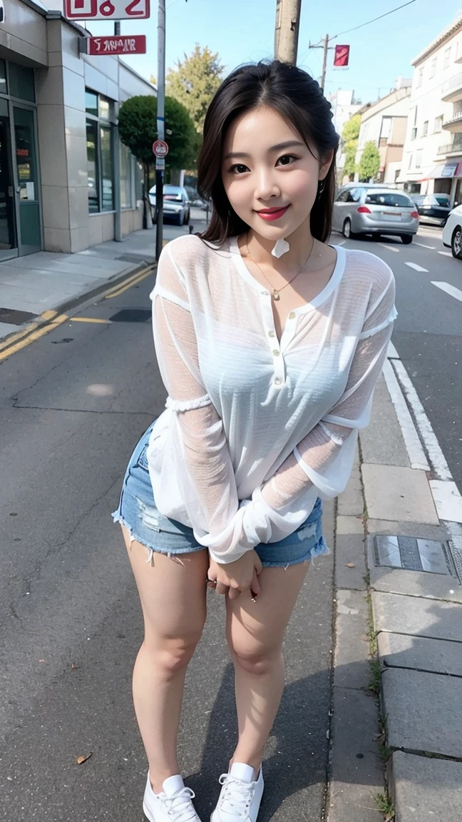  Wearing a white shirt， girl, （tight top：1.5），close your mouth and smile，legs long，Skinny super shorts，White skin of the，high high quality，4K, Face-to-face audience, 1 plump girl，hair tying up，at the street side，（Bring your legs together：1.5），with a round face， 32 inches in the chest, (sexy pose),(standing pose) ,(full body shot)、Chest 32 inches, ,Stand on the grass and take pictures