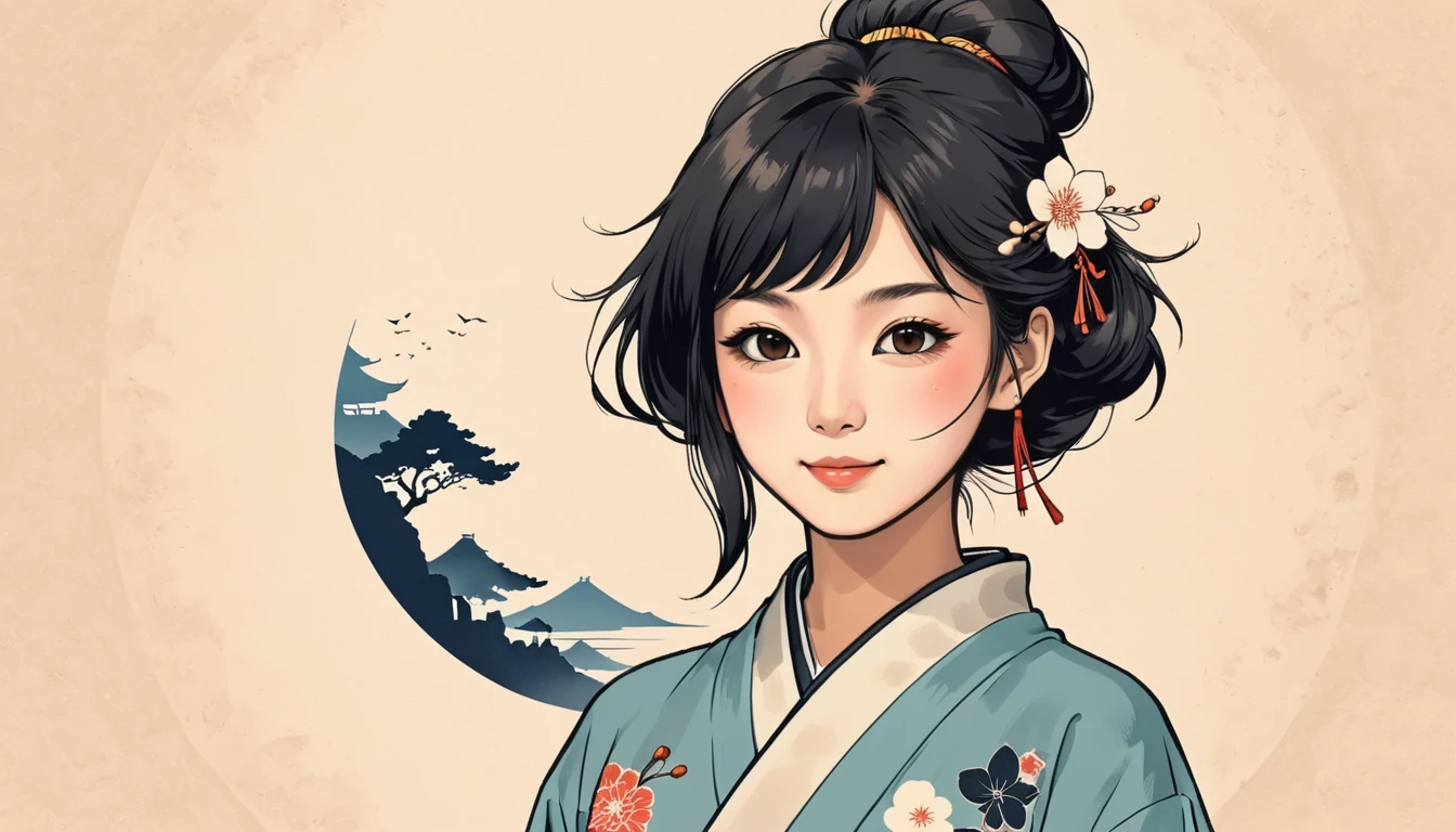 1 girl, circular logo, located in the middle, beautiful happy Japanese girl, Japanese clothing, Japanese hairstyle, negative space, Japanese ink drawing, typical Japanese dyed background