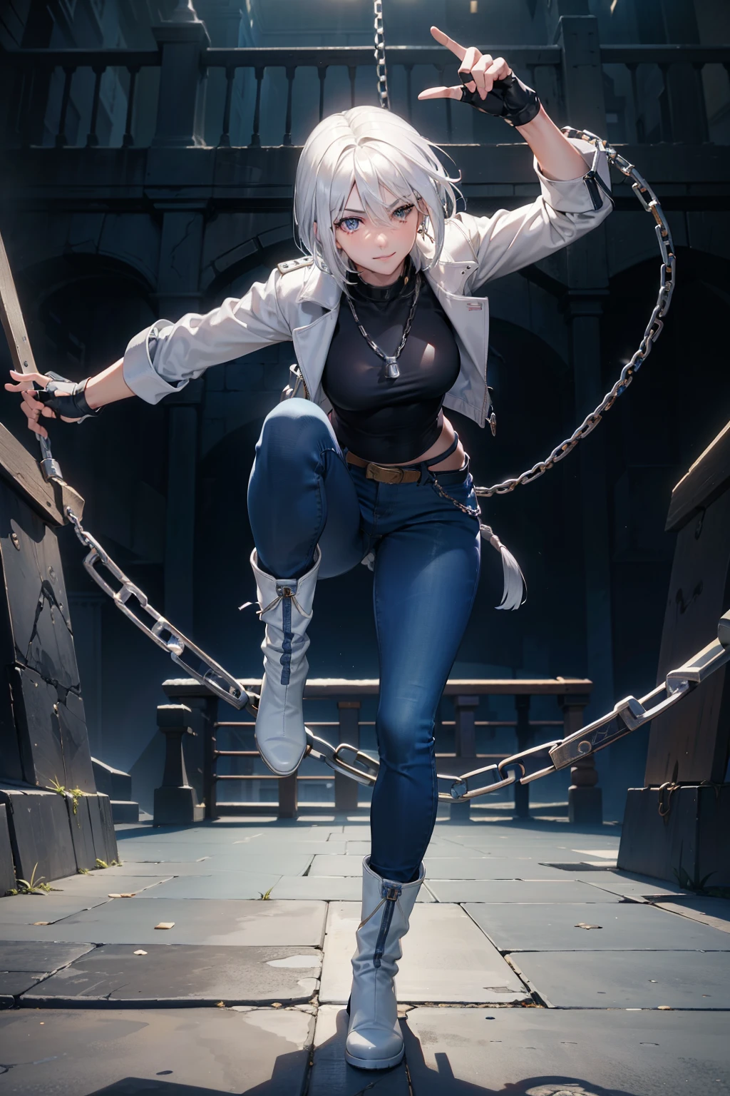 (masterpiece), best quality, silver eyes, perfect face, highres, 1girl, solo, angelms, white hair, white jacket, jeans, fingerless gloves, atacking pose, parkour, evil smile, long boots, fanstasy background, cowboy shot, fullbody shot, looking at the viewer, from front, chains adornment, long chain  whip