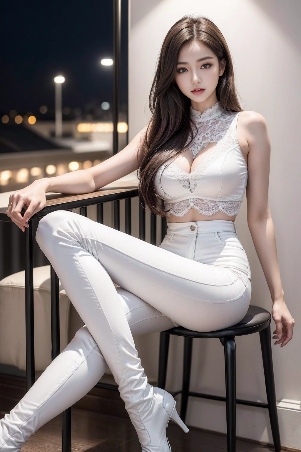 ((Realistic lighting, best quality, 8K, masterpiece:1.3)), Lock focus:1.2, 1 sister, Beautiful woman with perfect figure:1.4, : Beautiful Korean girl, Korean pop idol,Leg length,(Pale skin), (big eyes),(Smile:0.8),(Plump and sexy lips), Complex and detailed face, ((Super delicate skin)),Delicate face,Ultra-thin face,Fine Eyes,Double eyelids,((Dark brown hair)), (White lace underwear:1.4),(Lure,at night:1.1),Background Shibuya street,emphasize,Ultra-thin face,Fine Eyes,Double eyelids,(Start from below:1.attitude,(Mid-chest:1.2),Sexy long legs, (Thigh gap:1.5),Wide hips,S-Shaped Body, Hips lifted,Leg length,White skinny jeans,Shooting from the front,Over-the-knee leather boots,
