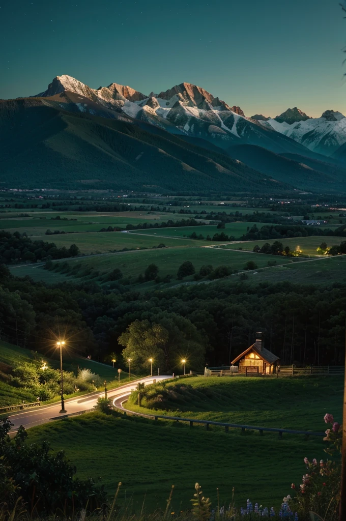 Very beautiful green mountain views at night