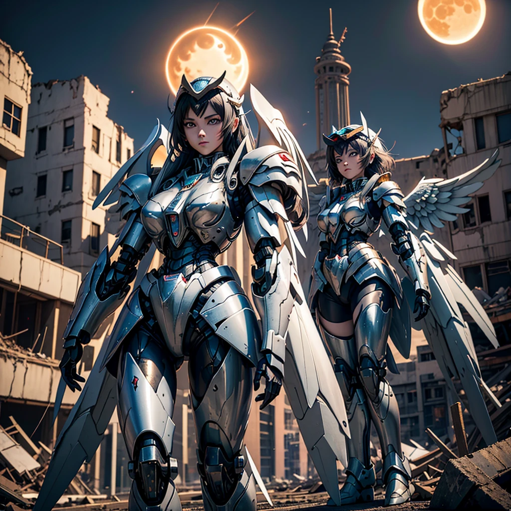 female mecha wings of angel, in black armor, in a destroyed city, the night, with an eclipse in the background