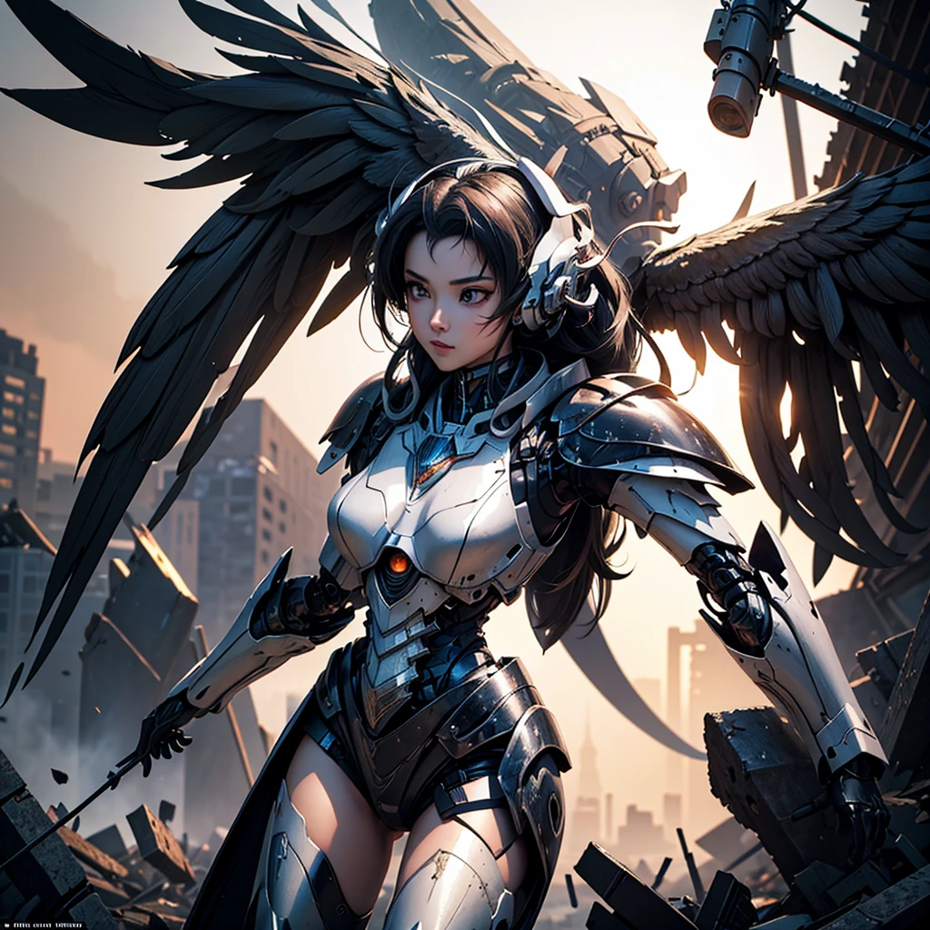 female mecha wings of angel, in black armor, in a destroyed city, the night, with an eclipse in the background