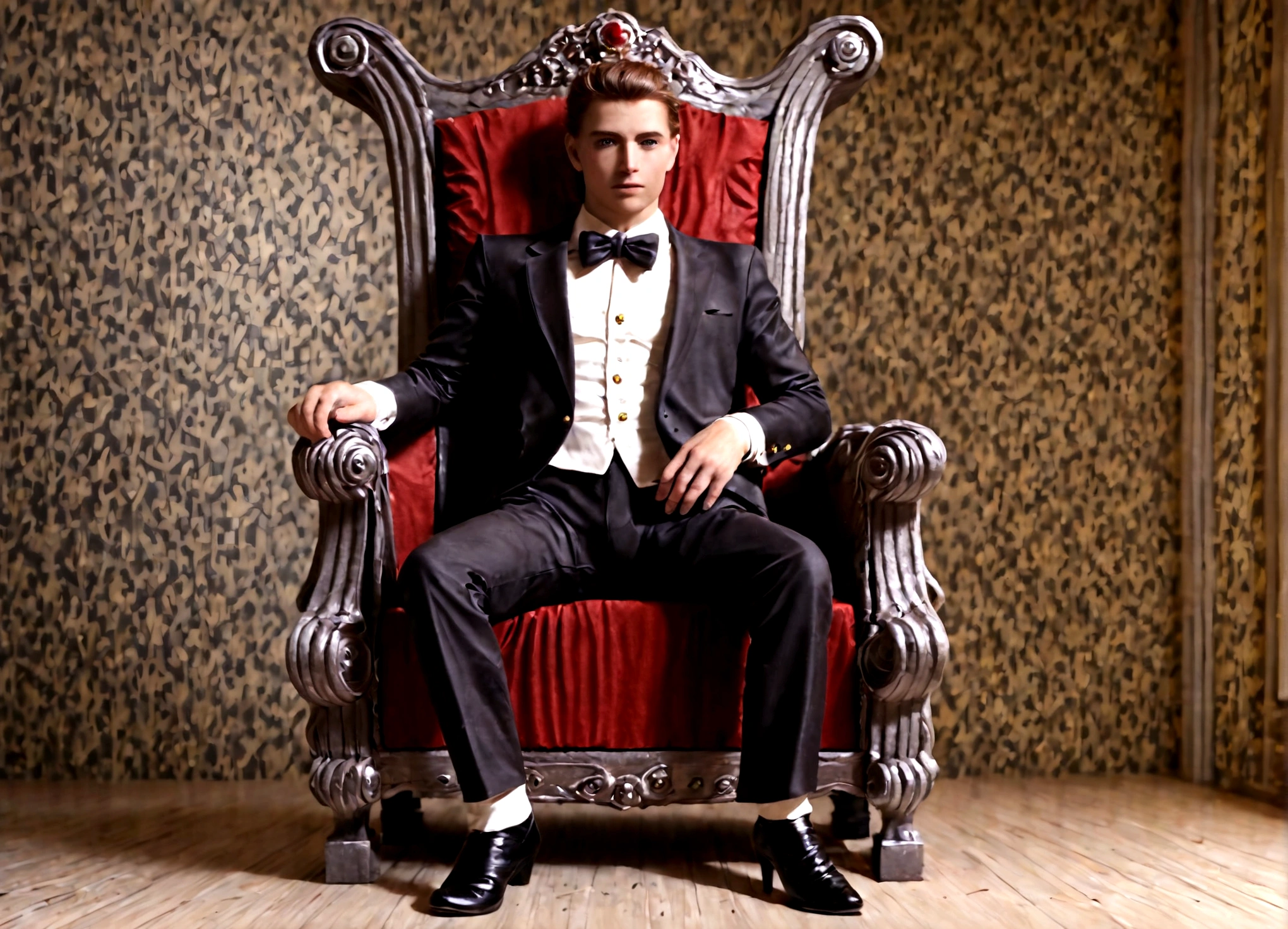 A young man in a tuxedo, detailed face, sitting on a steampunk throne, attended by (clockwork, steam-powered, android servants), high-quality, detailed, intricate, cinematic, dramatic lighting, rich colors, award-winning concept art