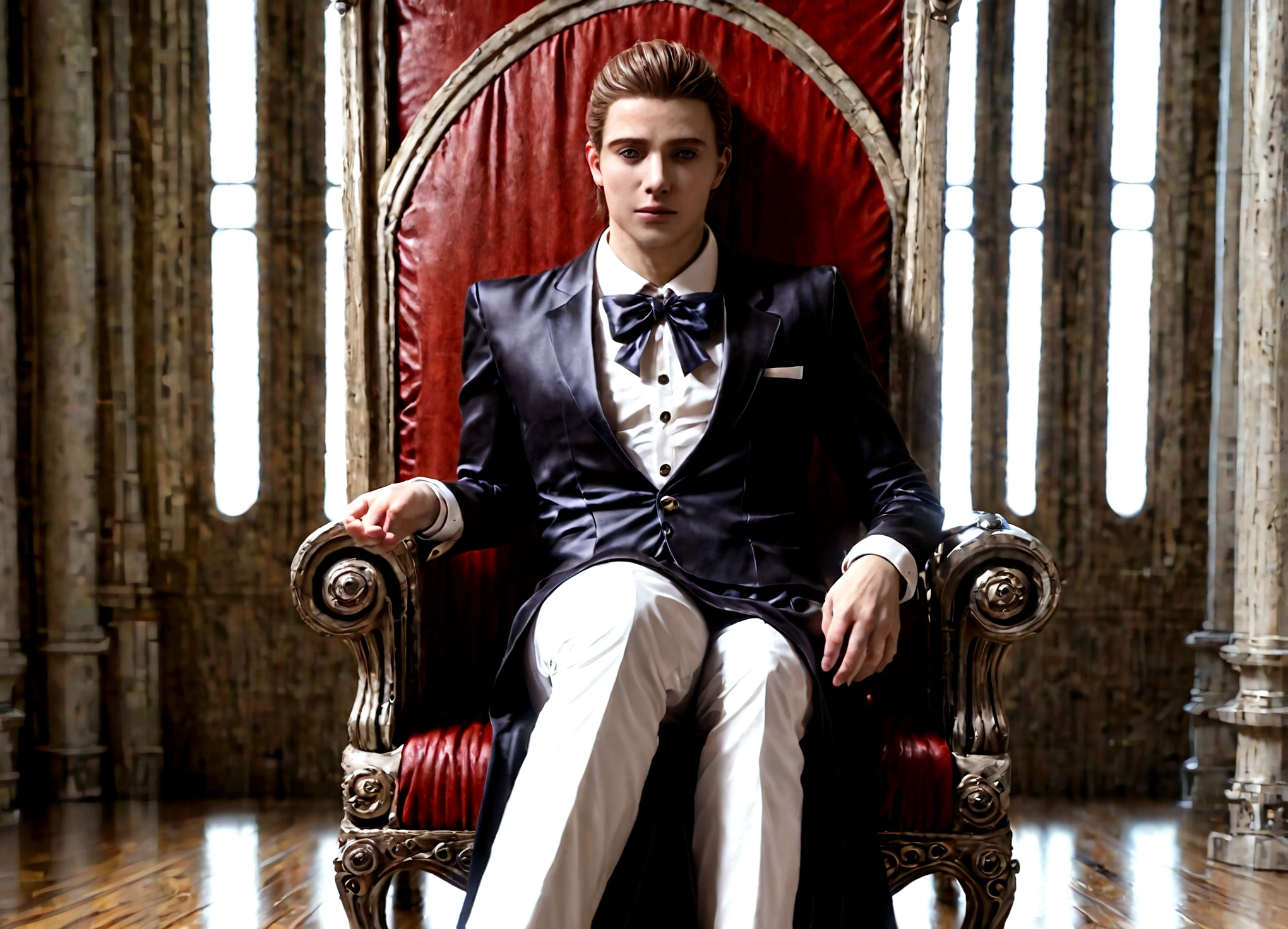 A young man in a tuxedo, detailed face, sitting on a steampunk throne, attended by (clockwork, steam-powered, android servants), high-quality, detailed, intricate, cinematic, dramatic lighting, rich colors, award-winning concept art