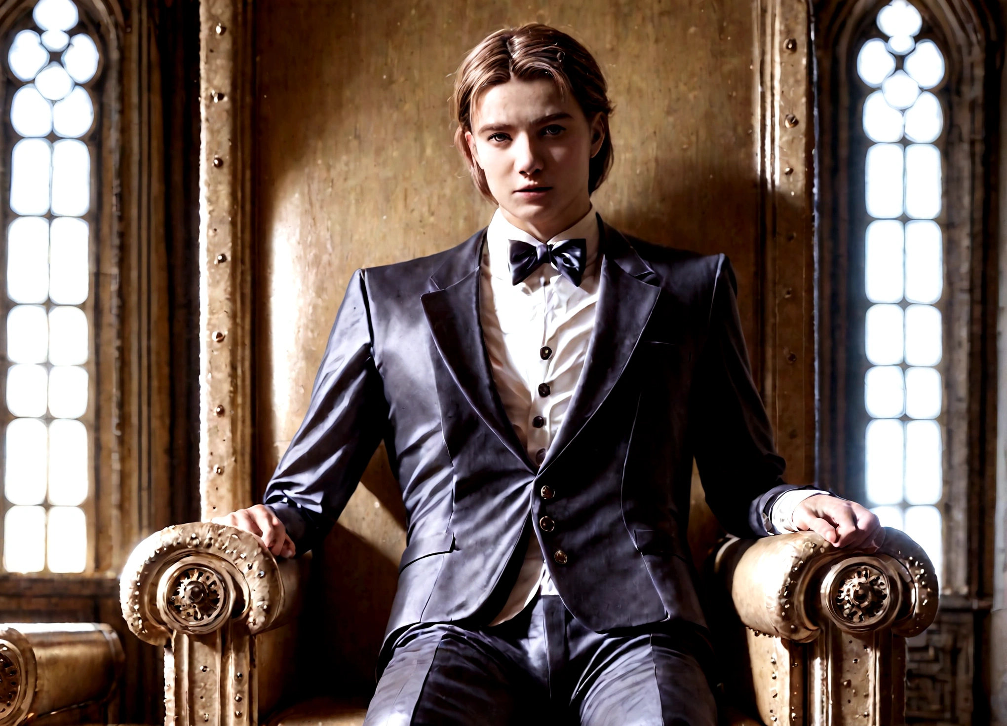 A young man in a tuxedo, detailed face, sitting on a steampunk throne, attended by (clockwork, steam-powered, android servants), high-quality, detailed, intricate, cinematic, dramatic lighting, rich colors, award-winning concept art