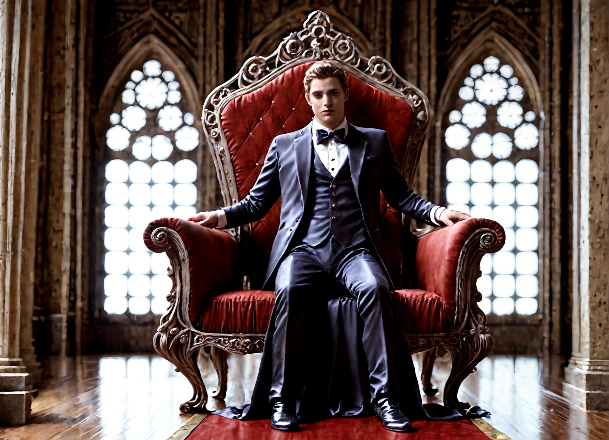 A young man in a tuxedo, detailed face, sitting on a steampunk throne, attended by (clockwork, steam-powered, android servants), high-quality, detailed, intricate, cinematic, dramatic lighting, rich colors, award-winning concept art