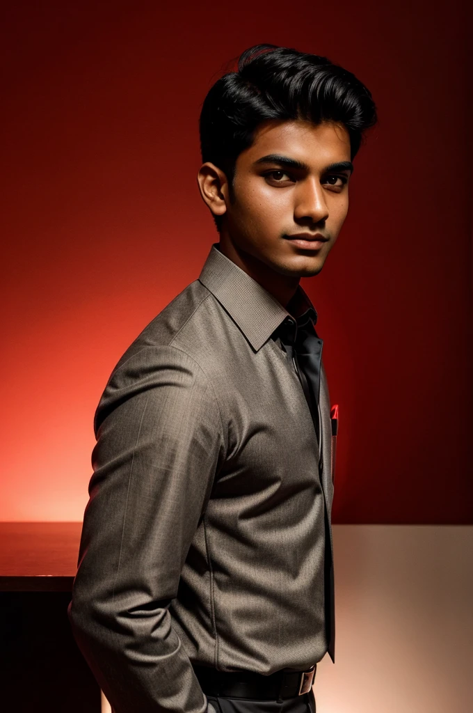 20 year old indian boy wearing formal with red lighting background for linked in profile
