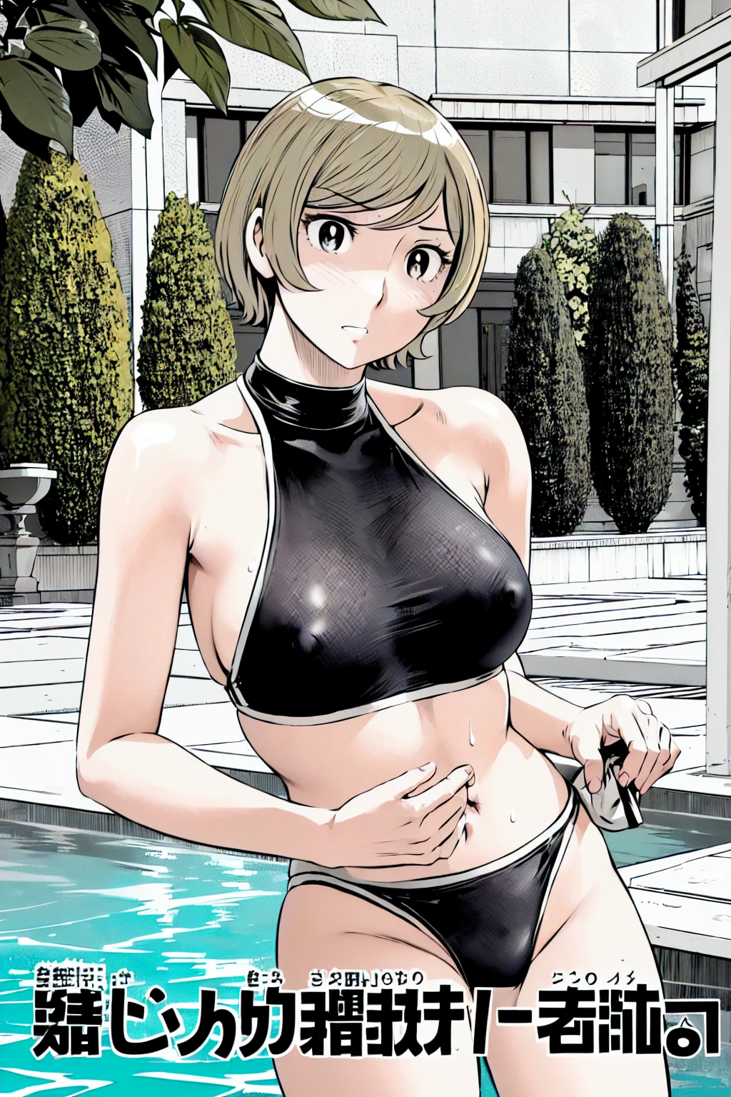 Black Micro Bikini、(masterpiece、Highest quality)、Highest quality, Ultra-high resolution, (((masterpiece))), alone, Sweat、Big eyes, Composition from the front、Shortcuts、Embarrassed face、Blonde、Cut your hair short、School swimming pool、short hair、Pussy Line、Browsing Caution、belly button