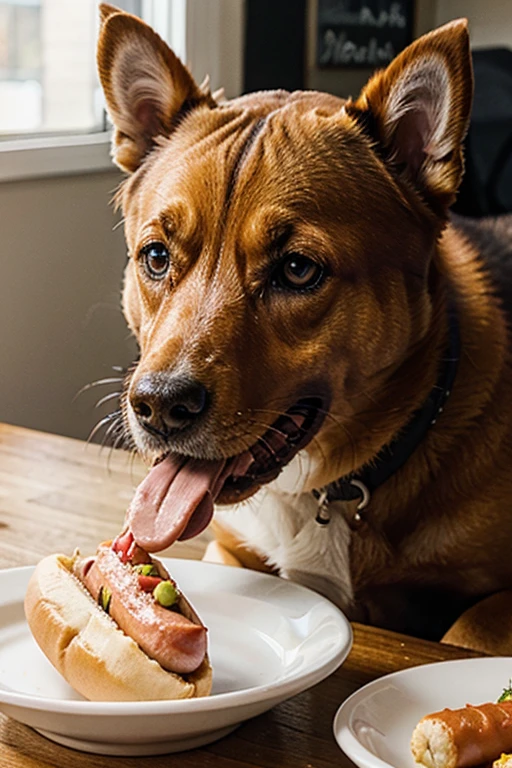 dog eating hotdog