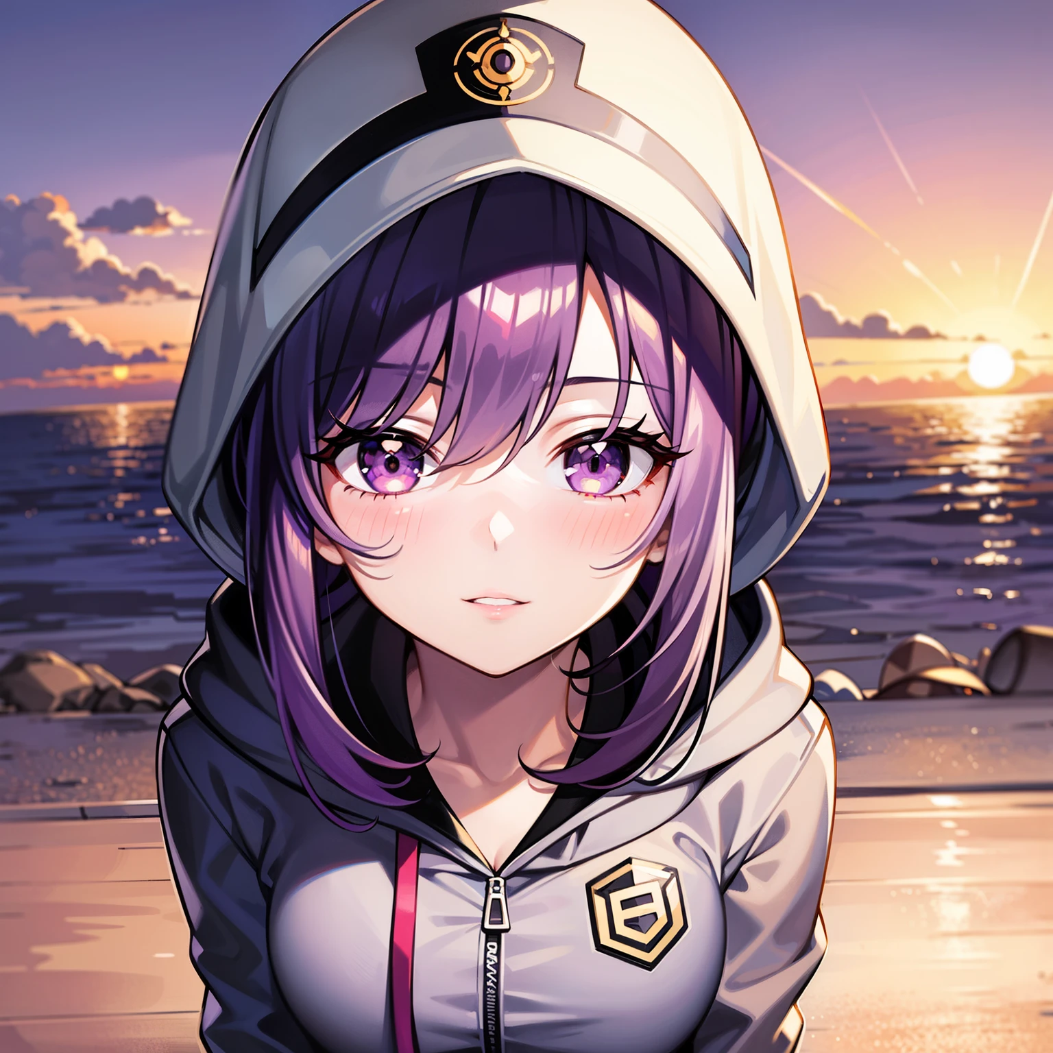 ((1girl, solo)), purple hair, long hair, purple eyes, grey, +_+, long sleeves, smile, (((parted lips))), hood down, (badge on hat), symbol-shaped pupils, looking at viewer, details eyes, absurdres, half body, ((sunset)), top view, (day time, sunny)
