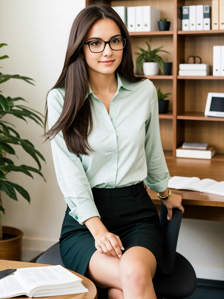Executive woman brunette long hair broken with glasses green eyes , Casual clothes , sitting in office world reality