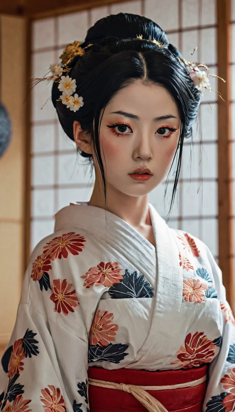 uhd, retina, masterpiece, anatomically correct, textured skin, super detail, high details, best quality, highres, high quality,1 Japan Female、Black Hair、20th Generation、White skin、kimono、Japanese-style room、eyebrows behind hair, (tareme:1.5), longeyelashes, solid circle eyes