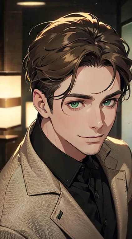 a mature man with short grey Brown hair, green eyes, 31 years, and a perfect face, smiling in love, CEO, cinematic lighting, 1:4 HDR image, top view, ultra detailed, best quality, masterpiece, 8K, photorealistic, beautiful image
