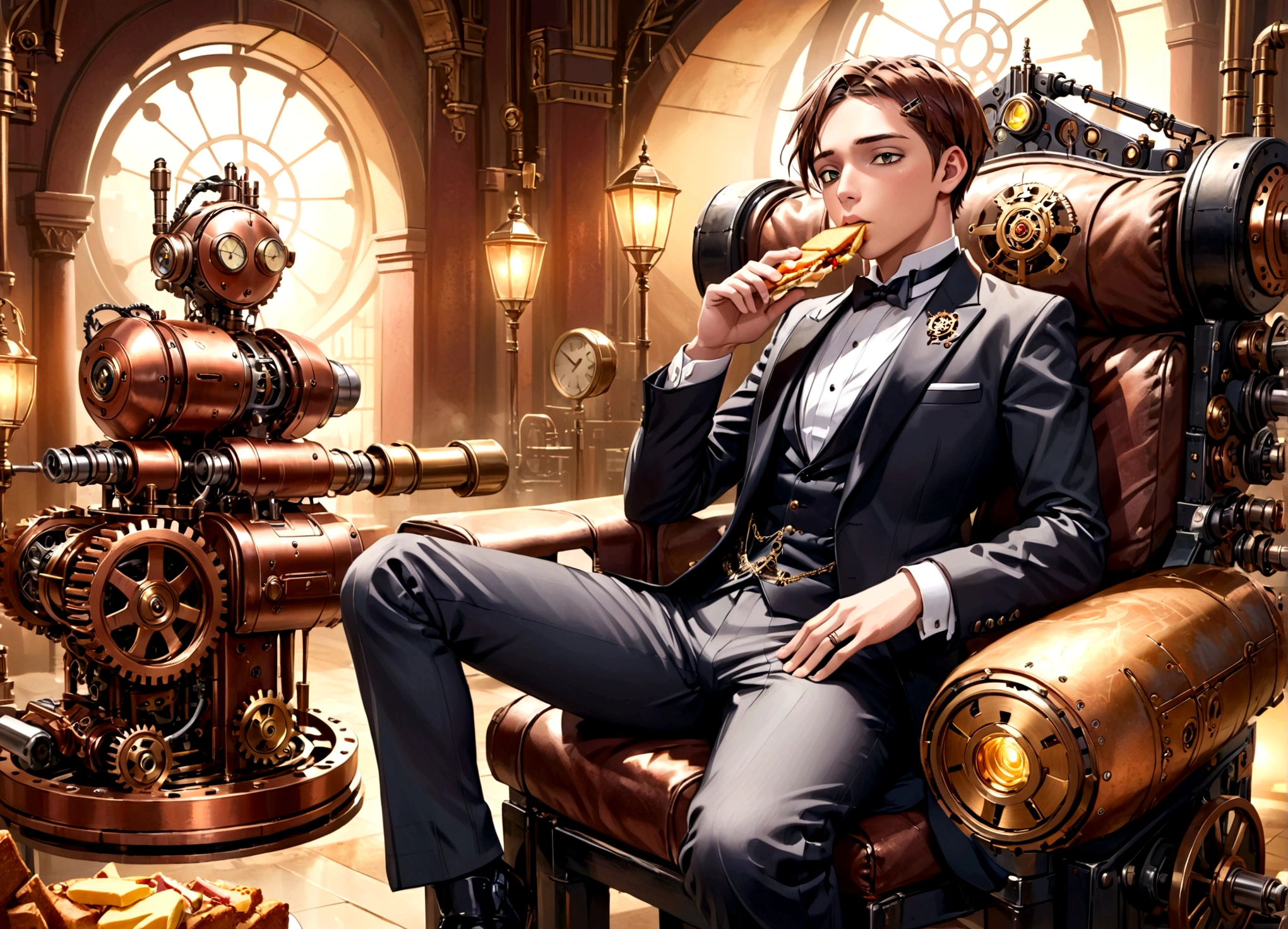 a steampunk throne of leadership, attended by several clockwork steam powered robotic attendants, a young man in a tuxedo sitting on the throne, eating fancy sandwiches, intricate gears and mechanisms, brass and copper details, warm lighting, photorealistic, cinematic angle, highly detailed, 8k, masterpiece