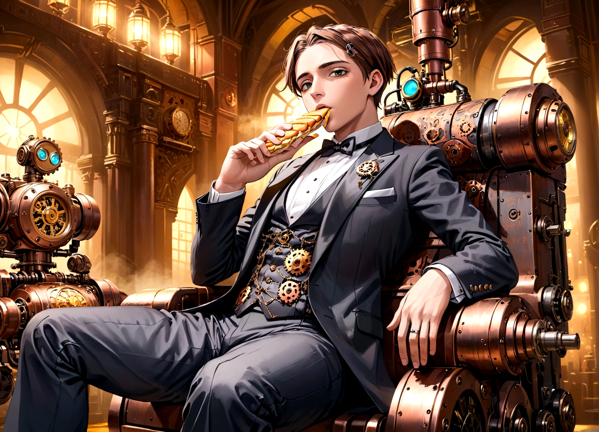 a steampunk throne of leadership, attended by several clockwork steam powered robotic attendants, a young man in a tuxedo sitting on the throne, eating fancy sandwiches, intricate gears and mechanisms, brass and copper details, warm lighting, photorealistic, cinematic angle, highly detailed, 8k, masterpiece