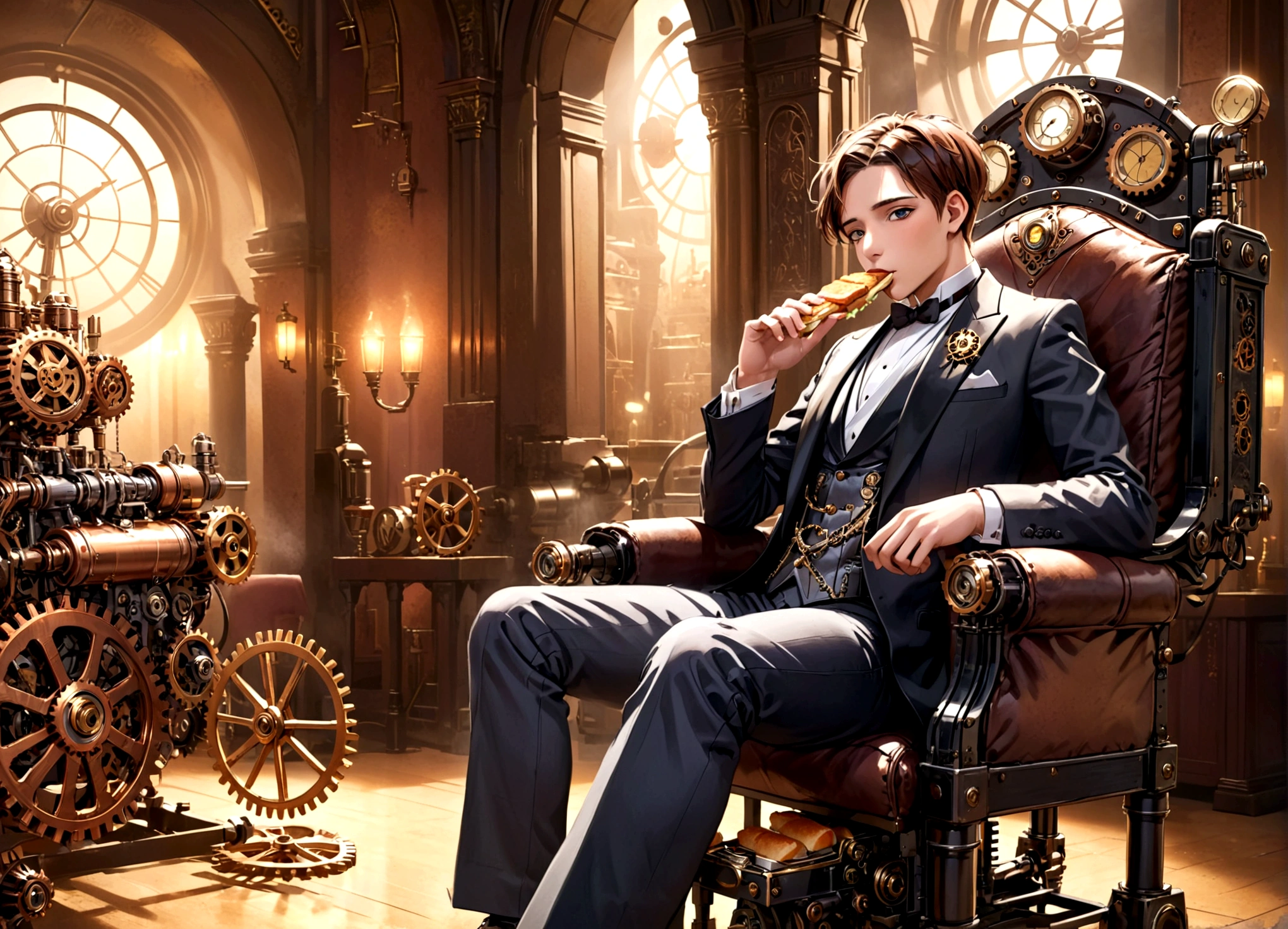 a steampunk throne of leadership, attended by several clockwork steam powered robotic attendants, a young man in a tuxedo sitting on the throne, eating fancy sandwiches, intricate gears and mechanisms, brass and copper details, warm lighting, photorealistic, cinematic angle, highly detailed, 8k, masterpiece