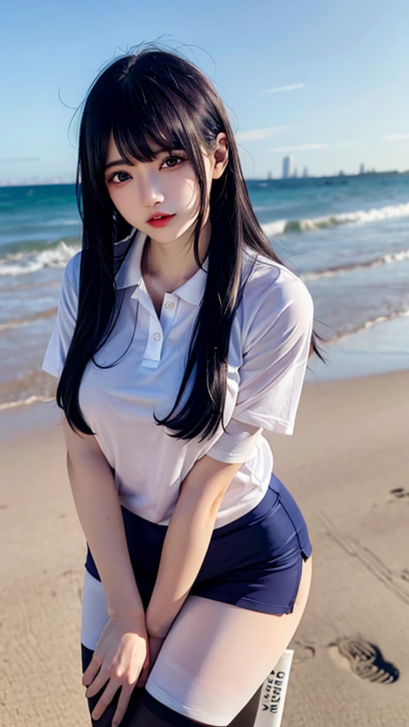 polo shirt、pantyhose/stockings、during、nsfw,revealing、Bite、Erect nipples、Wet T-shirt、Beach、Blue hair、Mansuji