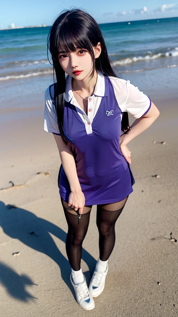 A thin, transparent polo shirt、Reduce milk、Transparent nipples、pantyhose、stockings、Transparent thin underwear、Leaning forward、Sexy pose、Ocean、Purple Hair