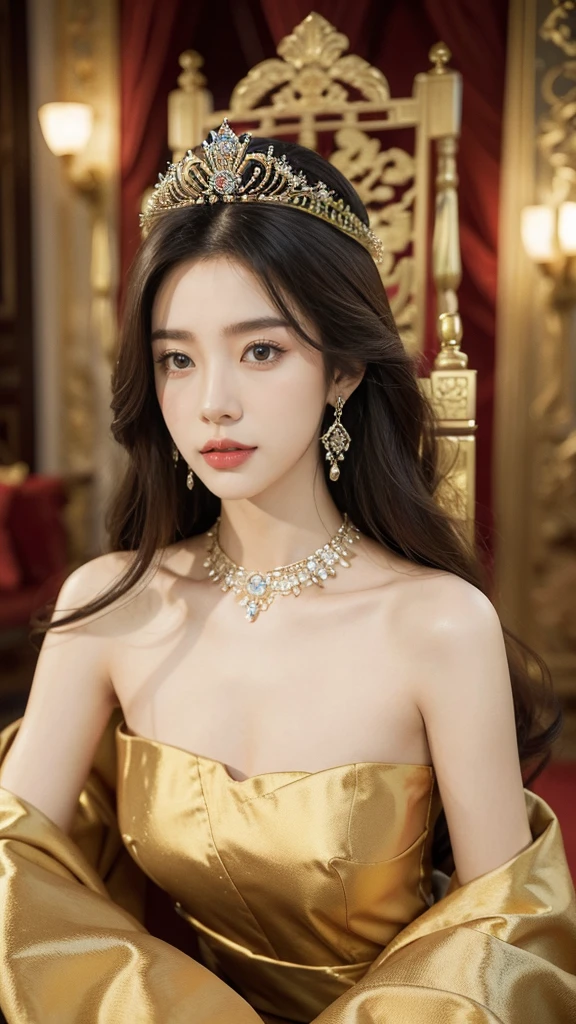 (((best quality))),(((ultra detailed))),(((masterpiece))),illustration,1 beautiful girl,solo,slim,thin,shoulder length straight bob hair,flat chest,Asian appearance,female,young,princess,royal,Chinese palace,night scene,magnificent gown,golden crown,intricate embroidery,luxurious fabric,precious stones,sitting on a metallic throne,decorative patterns,rich decorations,luxurious furnishings,regal charm,beautiful face,gentle smile,bright eyes,historical,traditional,city lights,modernity,frozen moment,beauty of the past,evolution of time,from front,upper body