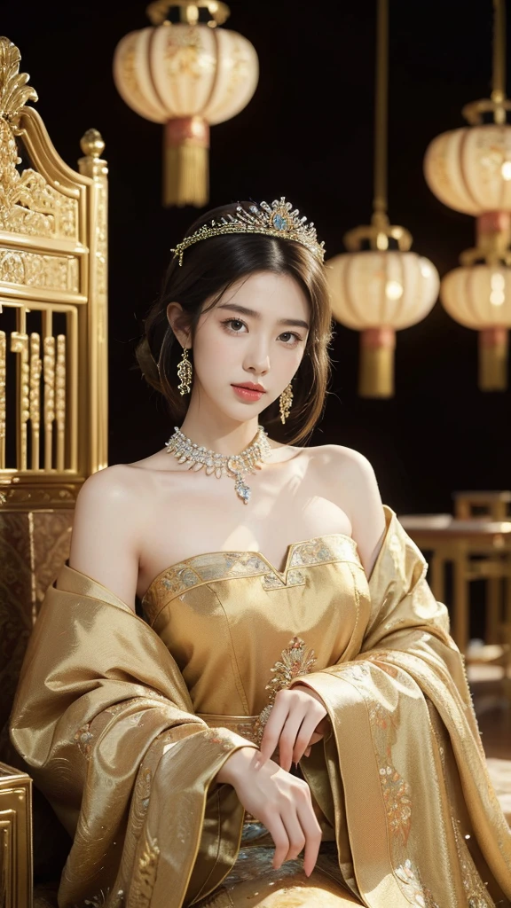 (((best quality))),(((ultra detailed))),(((masterpiece))),illustration,1 beautiful girl,solo,slim,thin,shoulder length straight bob hair,flat chest,Asian appearance,female,young,princess,royal,Chinese palace,night scene,magnificent gown,golden crown,intricate embroidery,luxurious fabric,precious stones,sitting on a metallic throne,decorative patterns,rich decorations,luxurious furnishings,regal charm,beautiful face,gentle smile,bright eyes,historical,traditional,city lights,modernity,frozen moment,beauty of the past,evolution of time,from front,upper body
