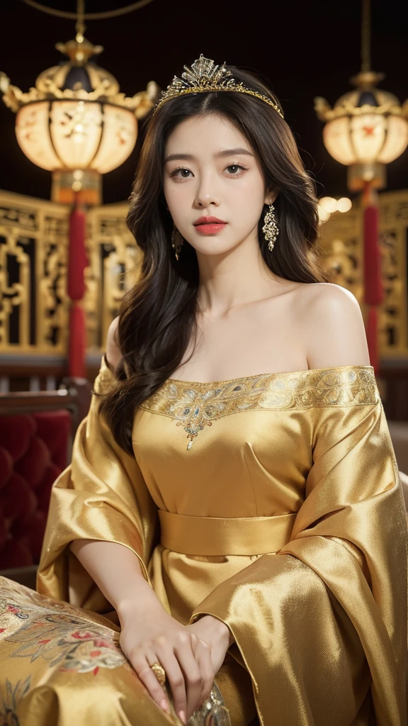 (((best quality))),(((ultra detailed))),(((masterpiece))),illustration,1 beautiful girl,solo,slim,thin,shoulder length straight bob hair,flat chest,Asian appearance,female,young,princess,royal,Chinese palace,night scene,magnificent gown,golden crown,intricate embroidery,luxurious fabric,precious stones,sitting on a metallic throne,decorative patterns,rich decorations,luxurious furnishings,regal charm,beautiful face,gentle smile,bright eyes,historical,traditional,city lights,modernity,frozen moment,beauty of the past,evolution of time,from front,upper body