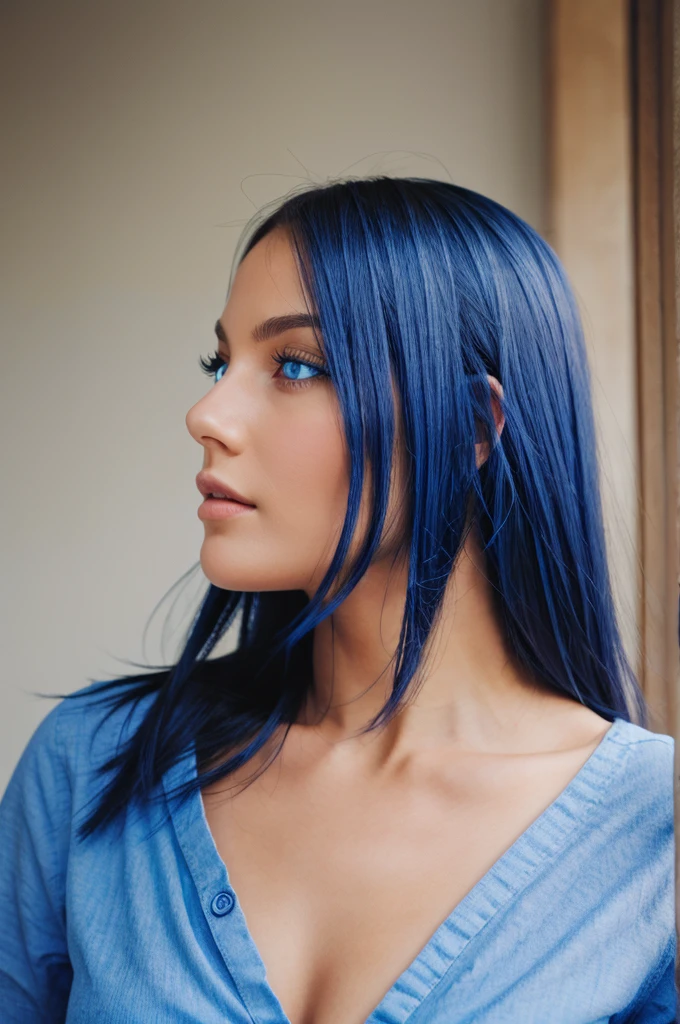 A woman with blue eyes