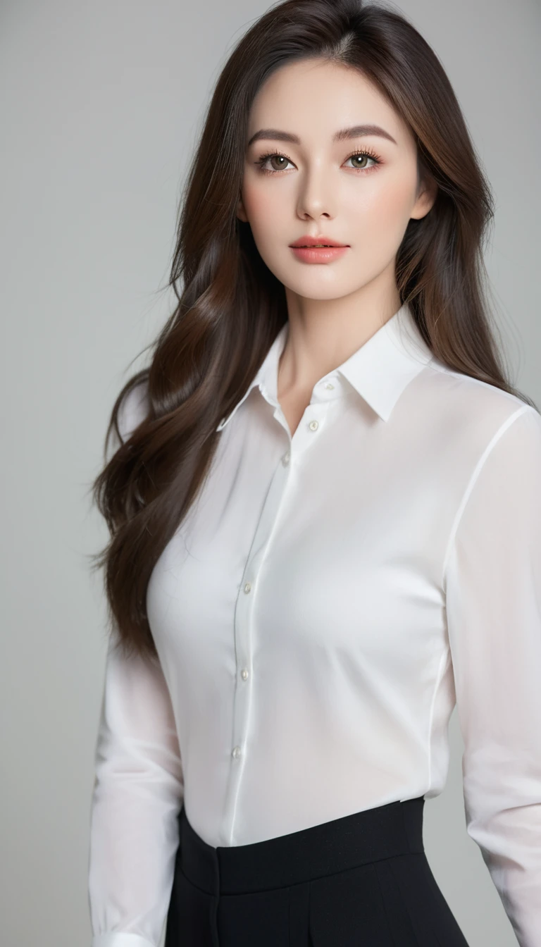 arafed asian woman in a White shirt and black skirt, clothed in White shirt, wearing White shirt, Wear a shirt, gorgeous young , fine White shirt, , beautiful young , Wearing a blouse, , 薄手のWear a shirt, White shirt, Tight shirt, wearing a White shirt, Japanese women,unbuttoned shirt,Raising his arms,side,controlとThe same face,The same face