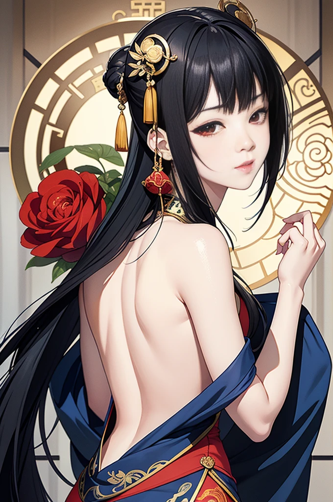 There is a woman's back in ancient China, back of the head, (only), (bare back tattoo), beautiful red eyes, detailed face, like a dream, red and gold flowers, Ukiyo style, artwork style Guwitz. , Guviz, Alphonse Mucha and Rose Drews, a beautiful artistic illustration, author: Li Song, author: heroes, author: Zou Zhe, by Zeng Jing, by Ye Xin, author: Shitao, author: Zhou Fang, Korean art nouveau anime, long loose hair, geisha clothes, Big breasts.